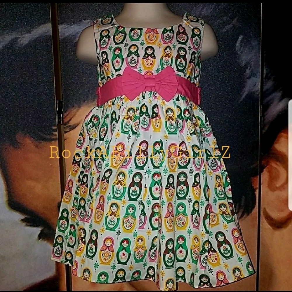 Tatyana Lil Russian Nesting Dolls Dress w Pink Bow Vintage Matryoshka Print